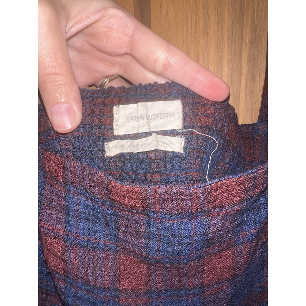 Urban Outfitters Dress Plaid Babydoll Mini Red Navy Square Neck Balloon Sleeve M - Picture 4 of 7